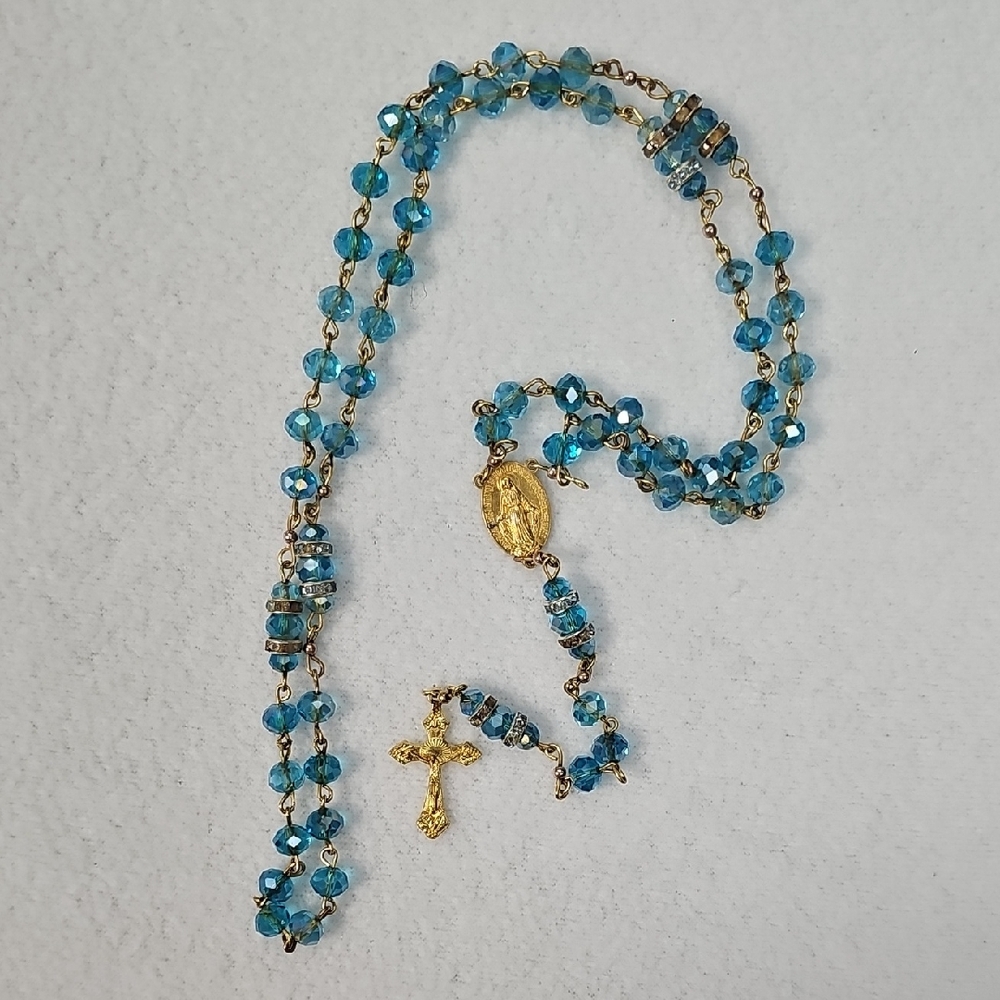 Blue Crystal Rosary with Gold Cross